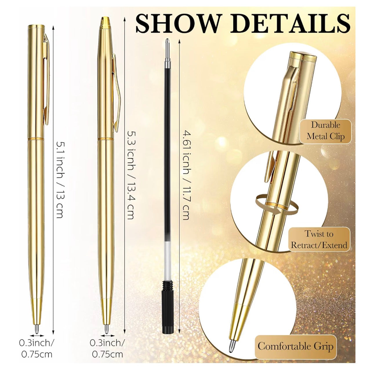Gold Metal Slim Ballpoint Pen Retractable Black Ink 1.0 mm